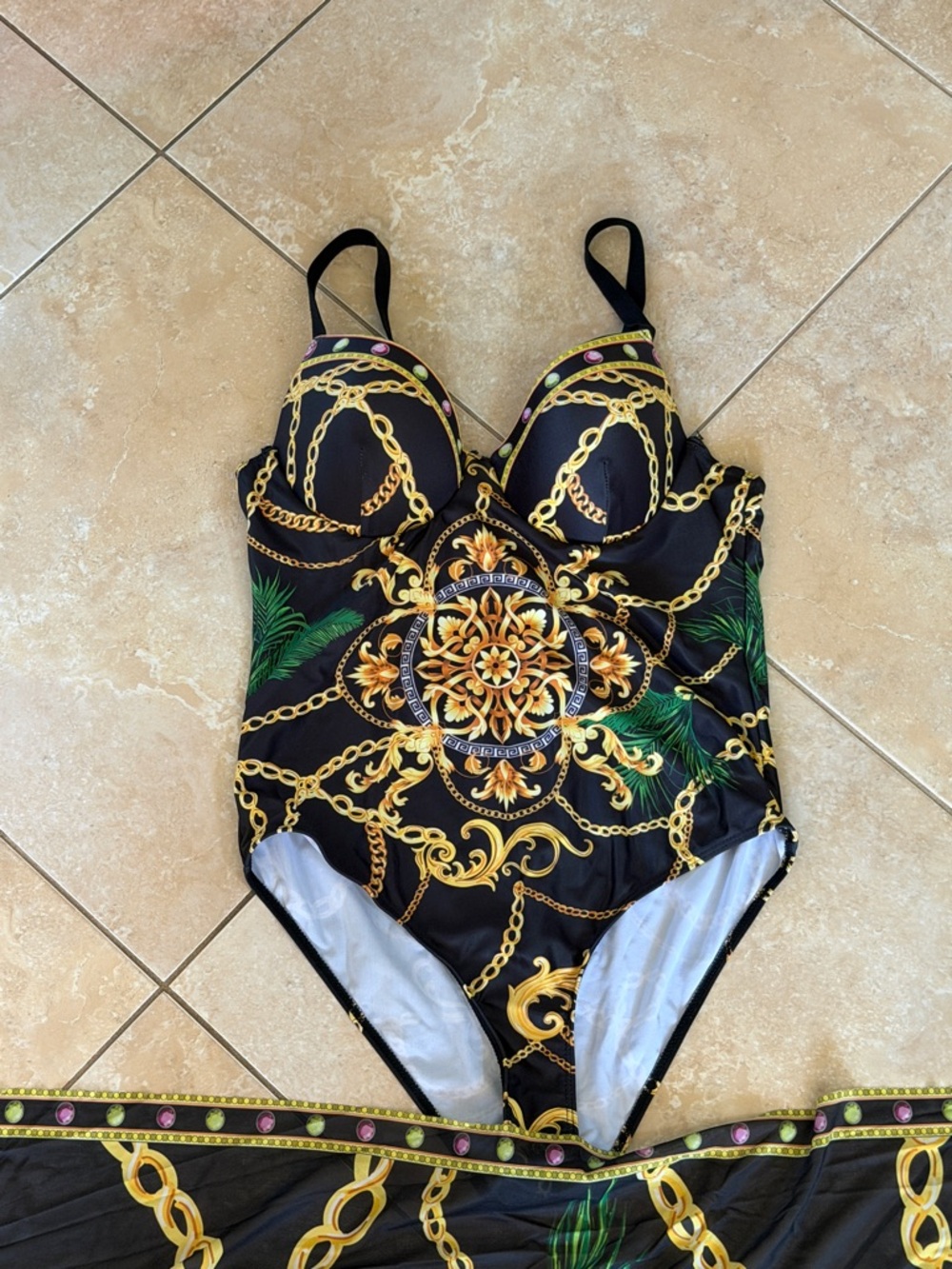 Black Chain Print One-Piece Swimsuit with Gold Accents and matching cover wrap